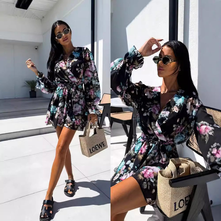 Floral print wrap dress for women with tied sleeves Lune London