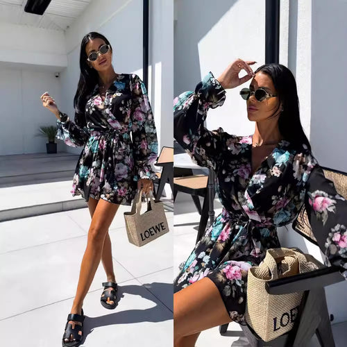 Floral print wrap dress for women with tied sleeves Lune London