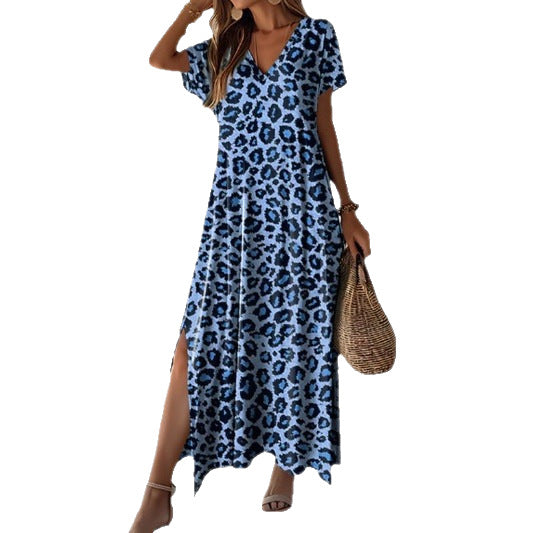 Maxi dress for women with modern leopard print, side slits, and V neck Lune London