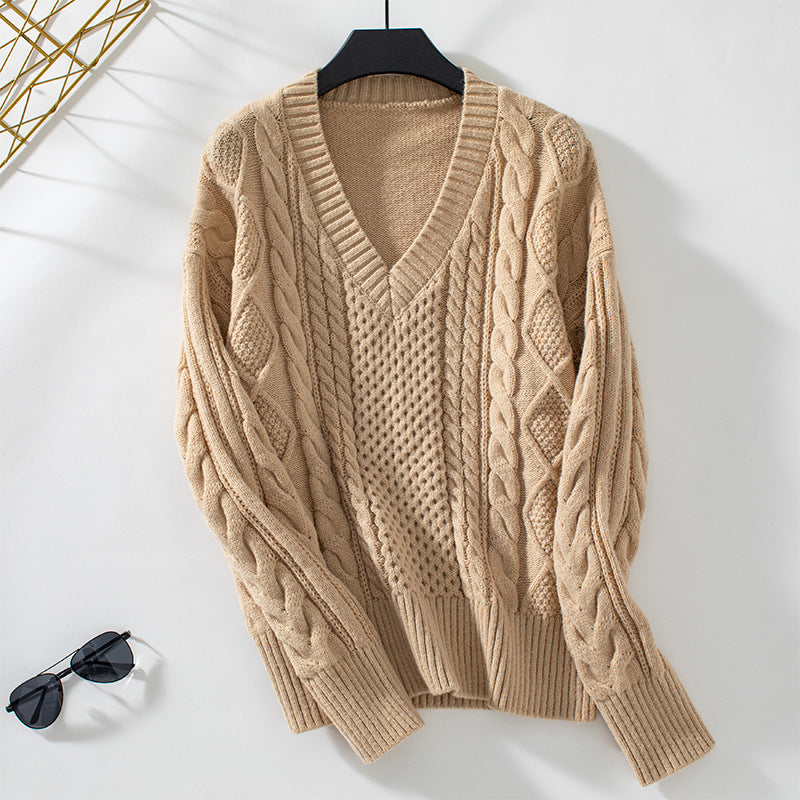 Women's knit sweater with deep V-neck and cable knit pattern Lune London