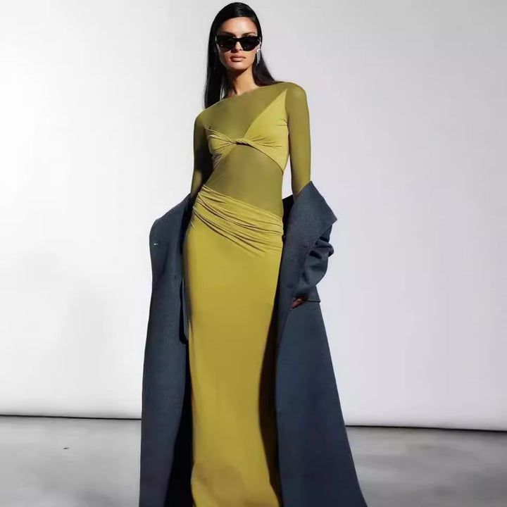 Ladies Elegant Maxi Dress with Transparent Inserts and Chic Ruffles