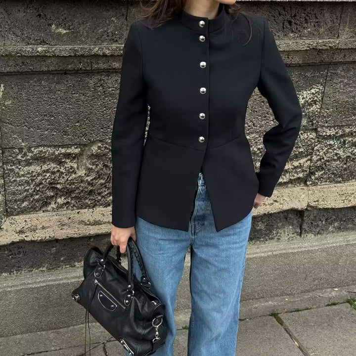 Elegant women's jacket with high collar and gold button details Lune London
