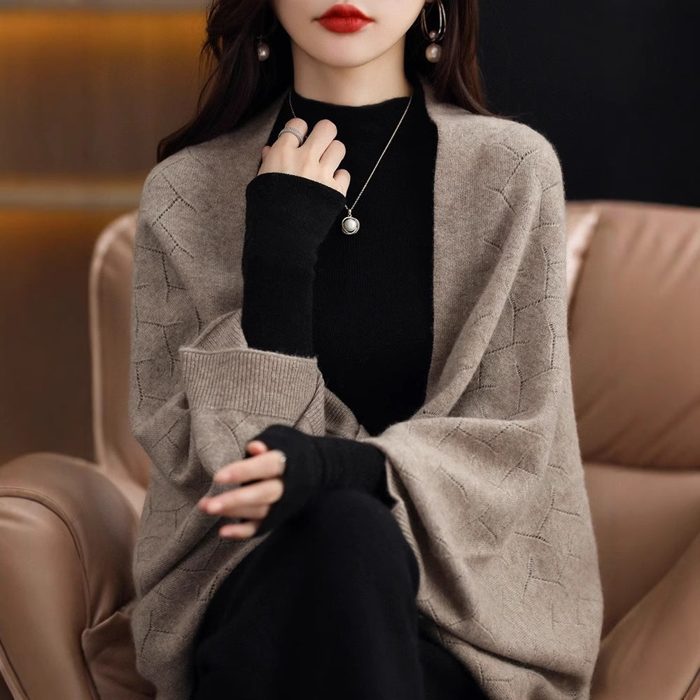 Ladies Large Knit Poncho with Modern Chic Roman Pattern and Style
