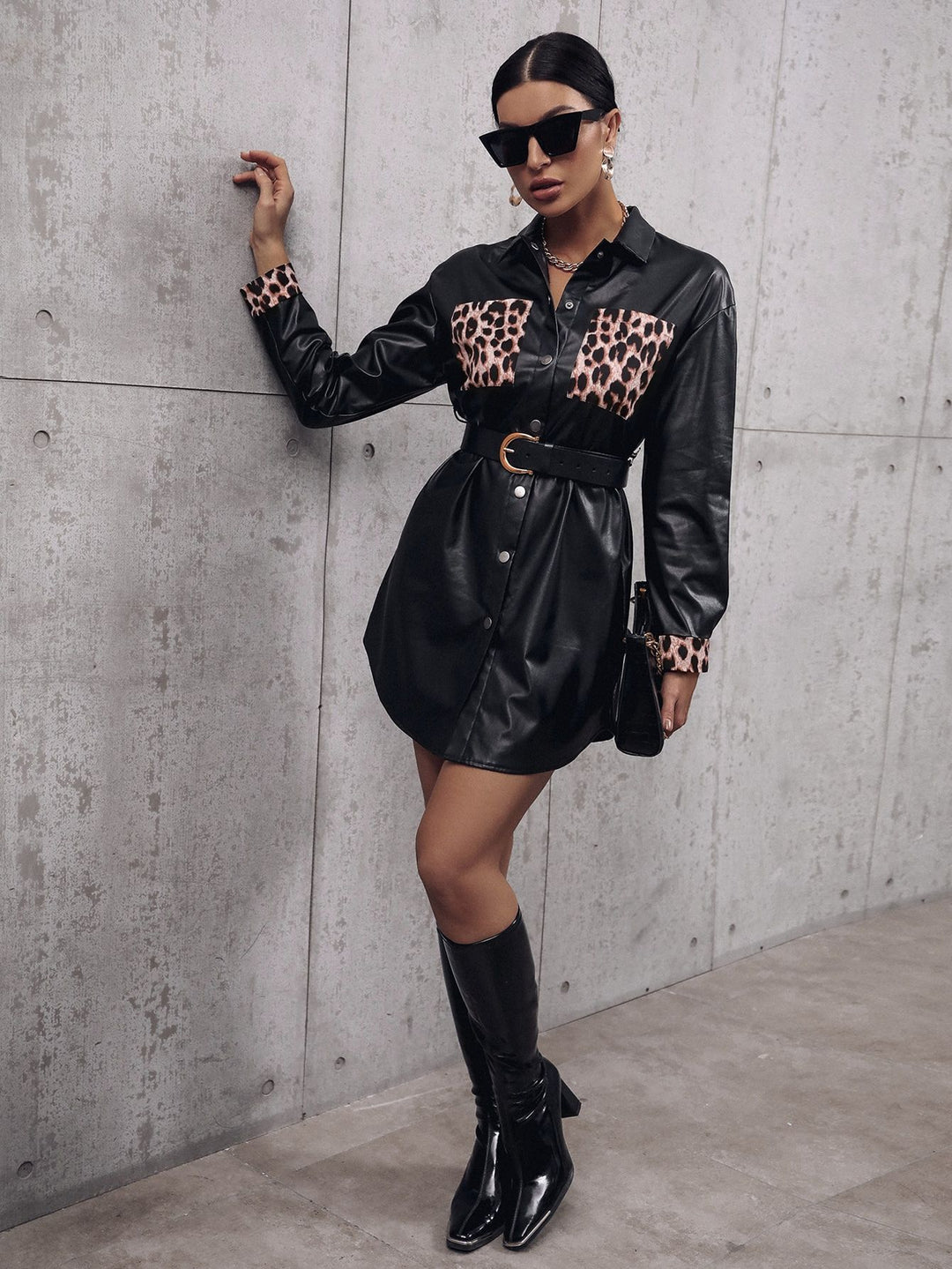 Shirt dress in faux leather for women with animal print and adjustable belt Lune London