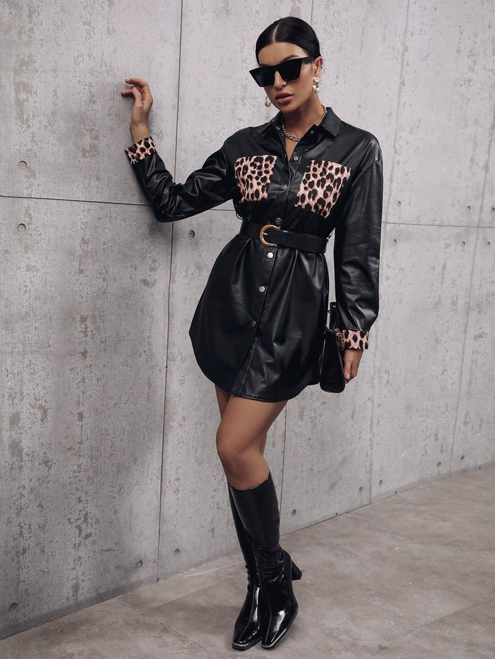 Shirt dress in faux leather for women with animal print and adjustable belt Lune London