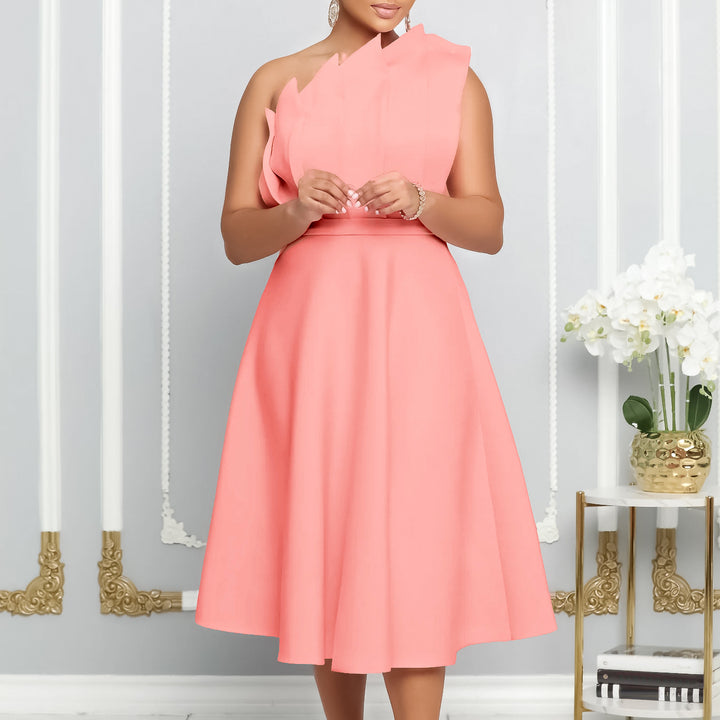 Charming one-shoulder dress for ladies with draping and fitted belt Lune London