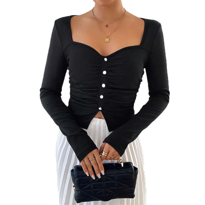 Top court à manches longues pour femmes avec détail de bouton décoratif et design froncé Chic & Stil