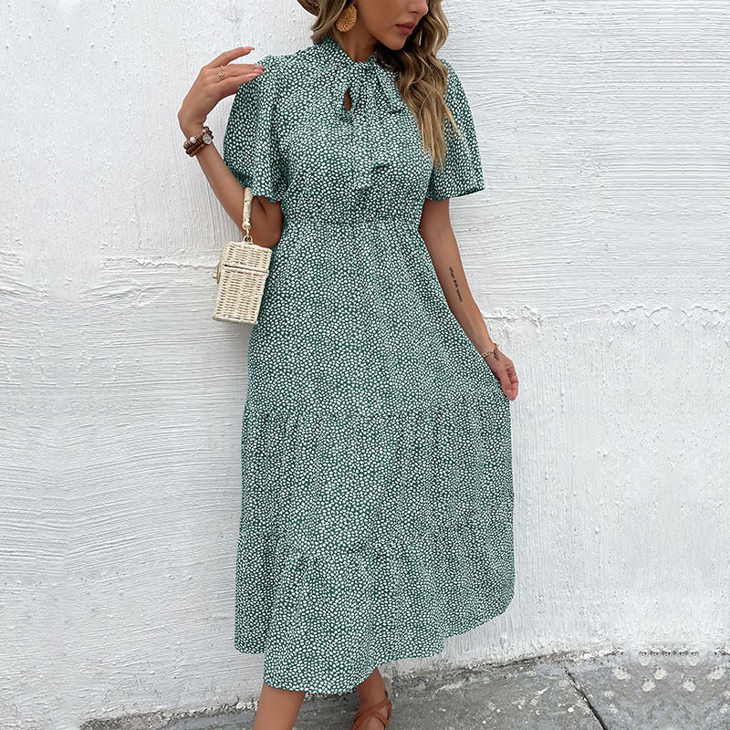 Maxi ruffled dress for women with bow collar Lune London
