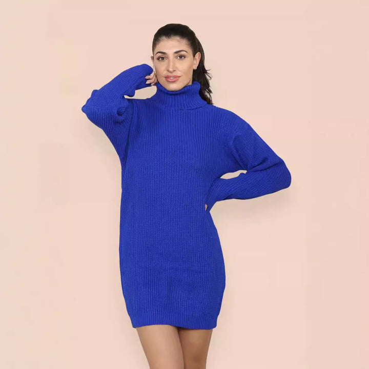 Oversized knit dress for women with a high collar and decorative ribbing design Lune London