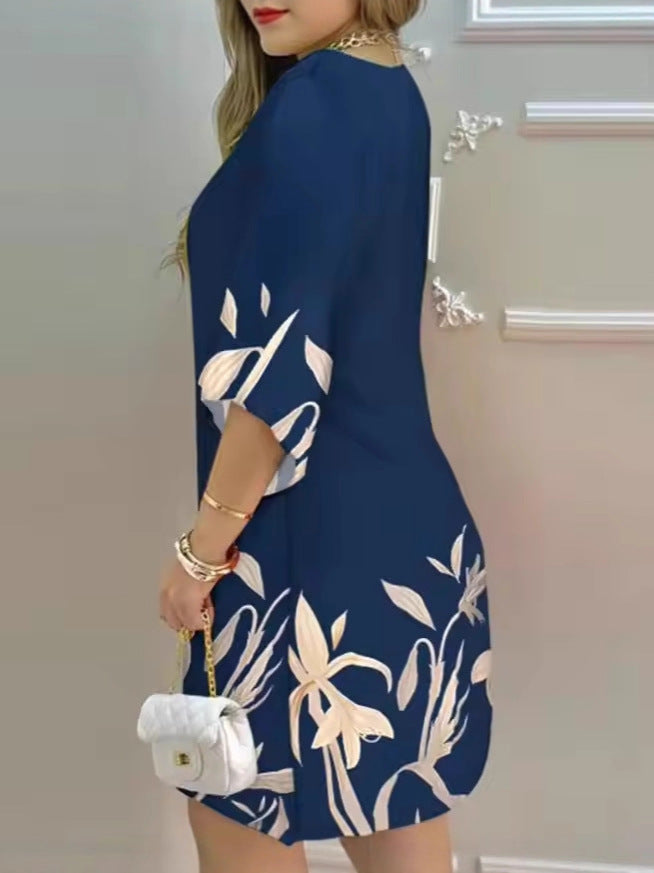 Women Short Sleeve Dress with Floral Line Pattern Lune London