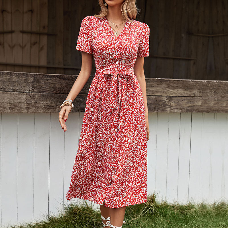Midi A-line dress for women with button closure at the front and waist with tie belt Lune London