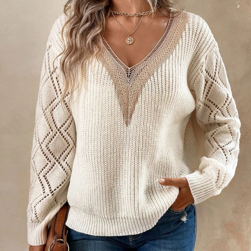 Knitted sweater for women with a refined crochet neckline Lune London