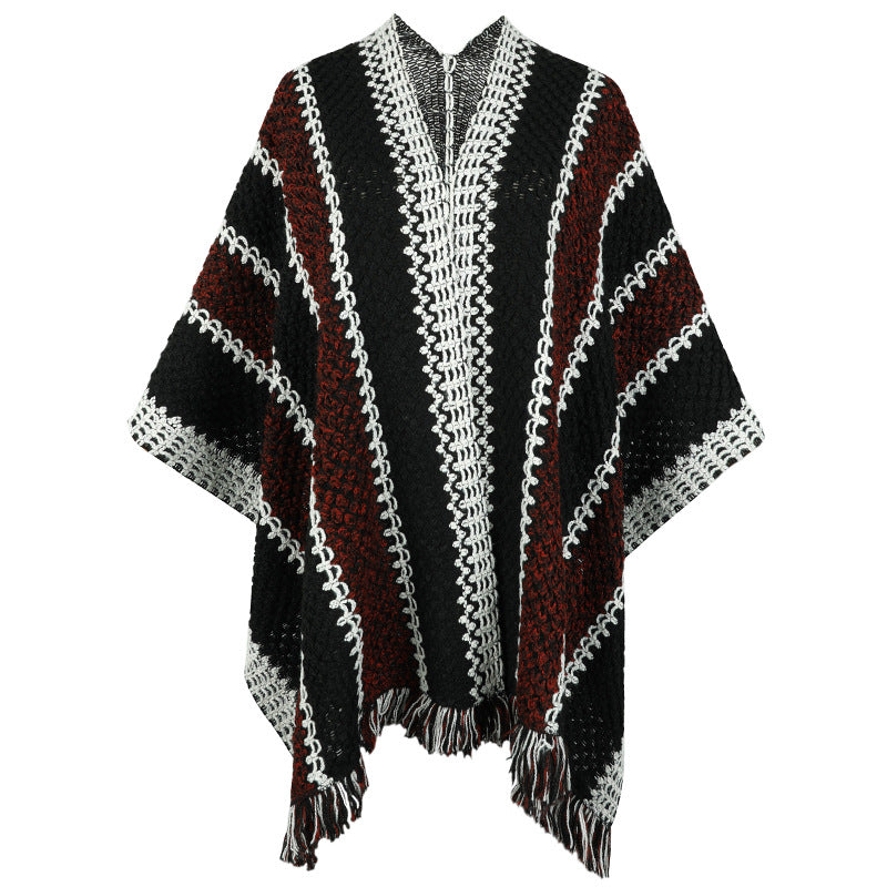 Knit poncho for women with V-neck and fringes Lune London