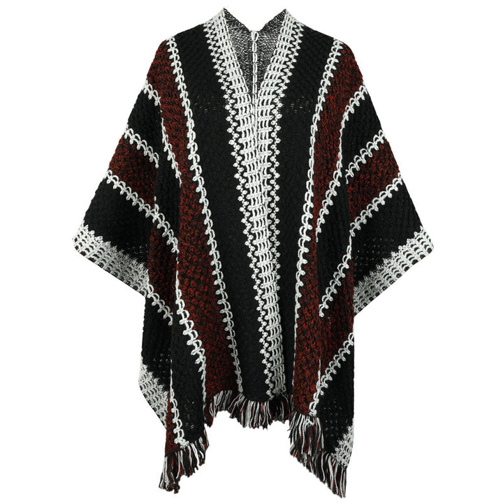Knit poncho for women with V-neck and fringes Lune London