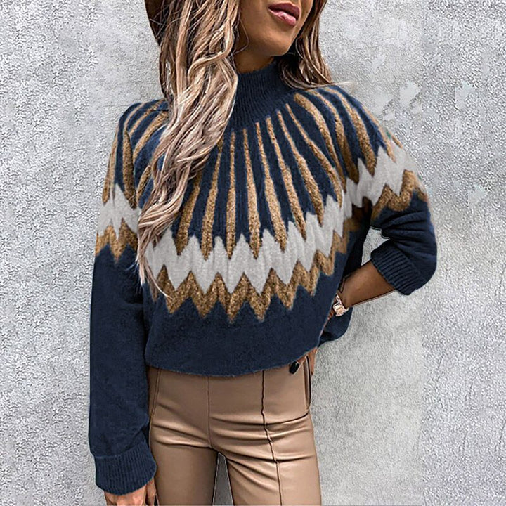 Lune London Thick Knit Sweater for Women with Intense Graphic Design and High Collar