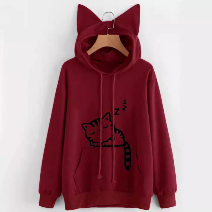 Hooded sweatshirt for women with a cute cat pattern Lune London