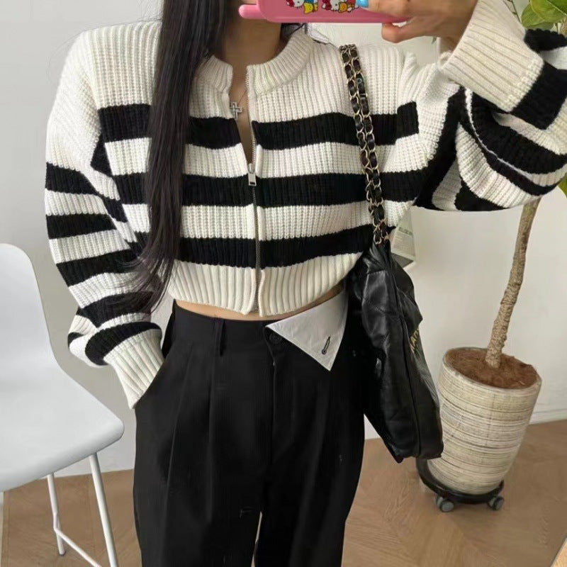 Ladies knitted jacket with high collar and wide stripes Lune London
