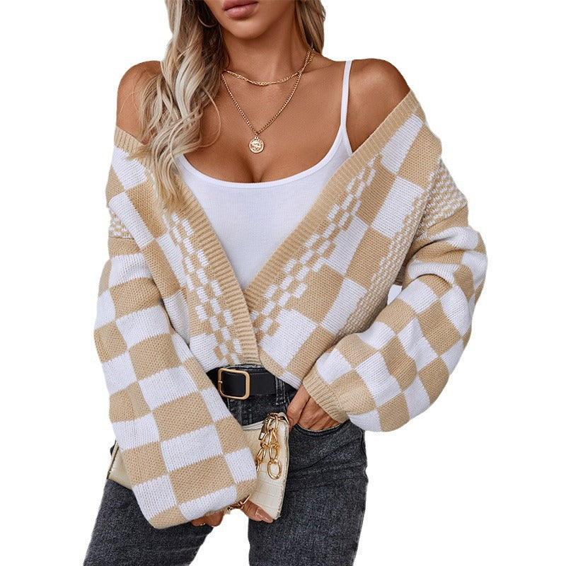Lune London trendy check pattern casual cardigan for women