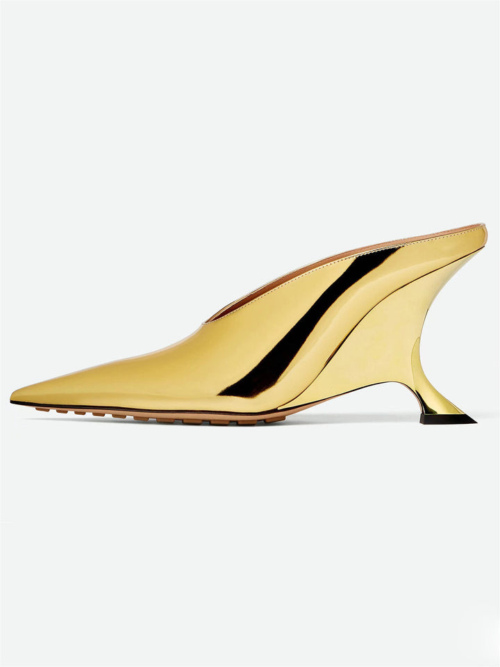 Women’s Pointed Metallic Wedge Mules with Sculpted Heel Lune London