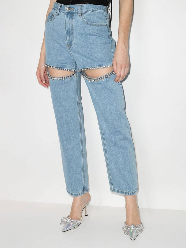 Women's Jeans with Decorative Cut-Outs and Rhinestone Embellishments Lune London
