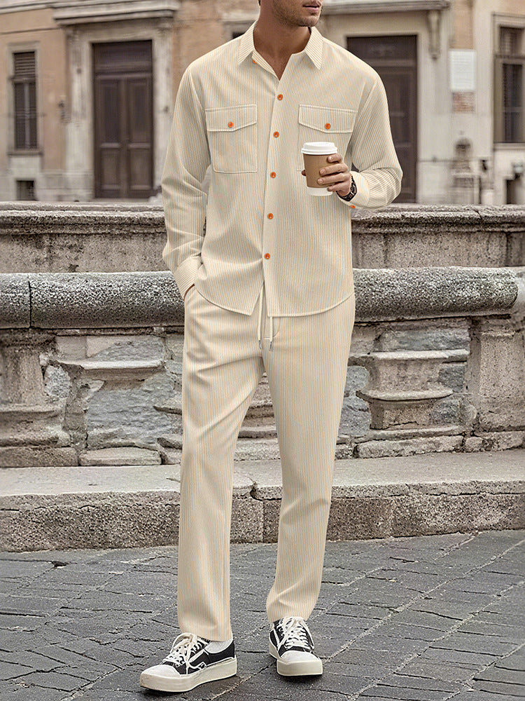 Casual striped outfit for men with modern button details and practical pockets Lune London