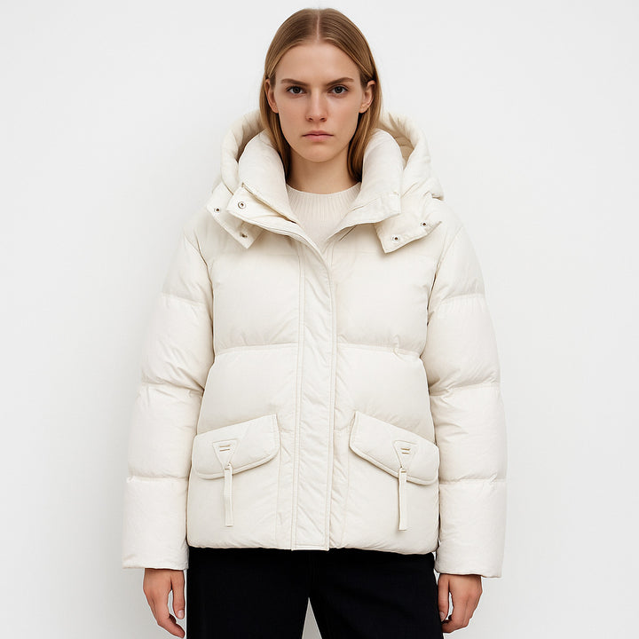 Ladies insulated quilted jacket with practical pockets and hood Lune London
