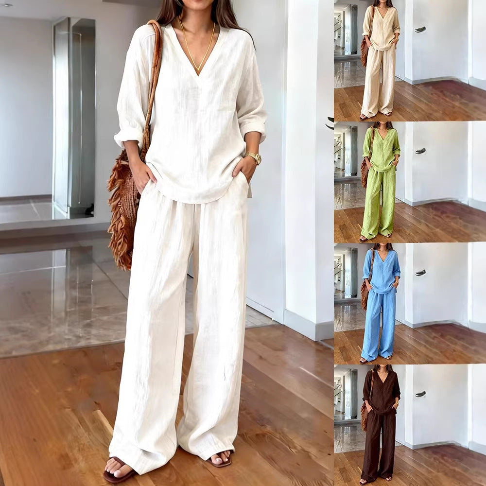 Women's Casual Linen Top and Wide Palazzo Pants Set Chic & Stil