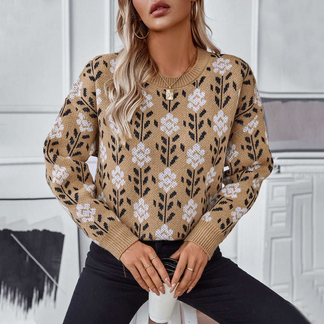 Casual women's sweater with floral pattern and round neckline Lune London