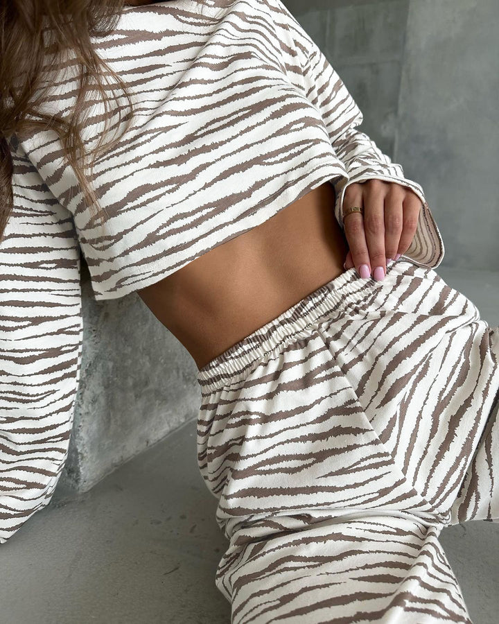 Lune London women's casual cropped top and jogger set with animal pattern