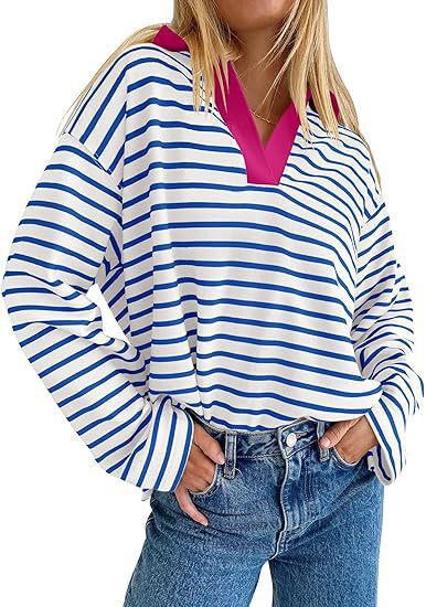 Casual striped summer sweater for women with V-neck and long sleeves Lune London