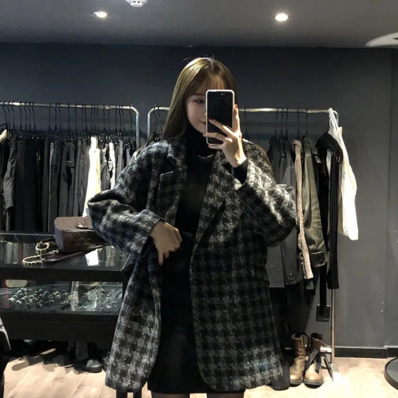 Women Oversized Check Coat with Double Button Placket Chic & Stil