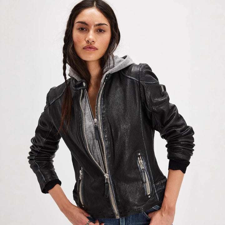 Ladies stylish leather jacket with removable hood Lune London