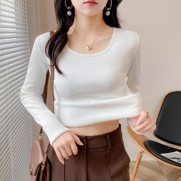Ladies fashionable cropped long sleeve shirt with ribbed texture Chic & Stil