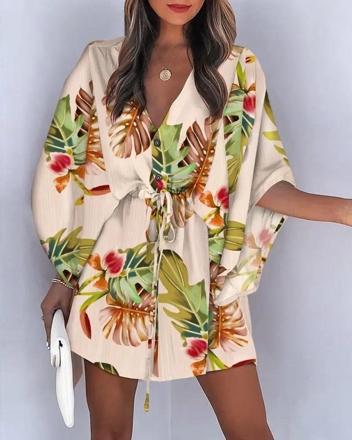 Shirt dress women with floral design and V-neck Lune London