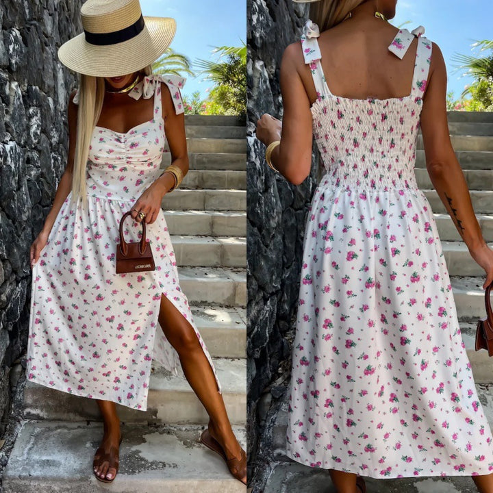 A-line midi dress for women with bow straps Lune London