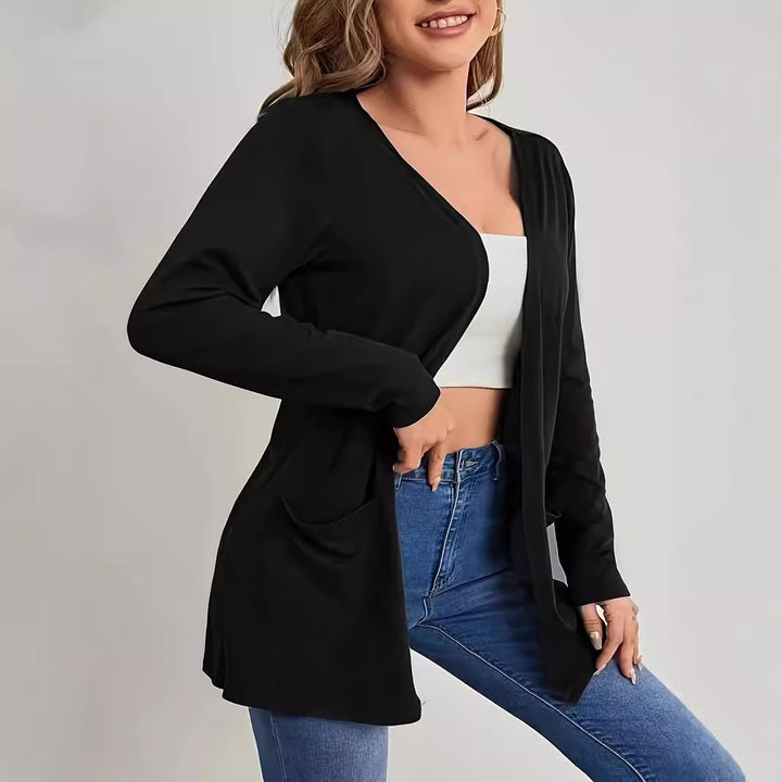 Ladies Long Sleeve Cardigan with Practical Pockets and Open Cut Lune London