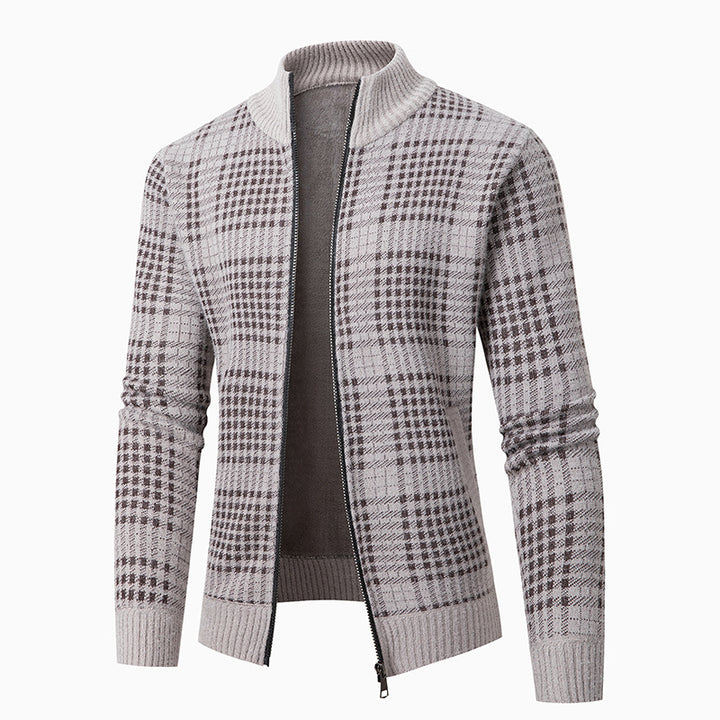 Elegant knit jacket for men with a modern check pattern and a high collar Lune London