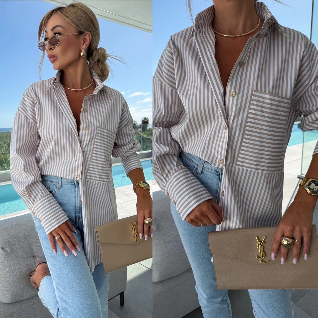 Women Long Sleeve Blouse with Fine Stripes and Practical Chest Pocket Lune London