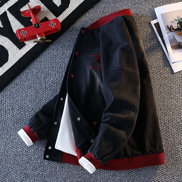 Men's casual denim jacket with university style and embroidered Lune London logo
