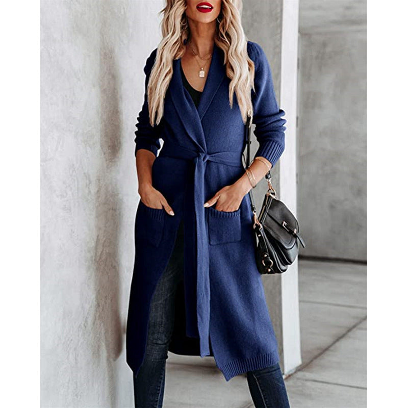 Ladies elegant long cardigan with waist belt and chic pockets and style