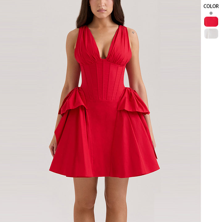 Women's evening dress with deep V-neck and voluminous ruffle design Lune London