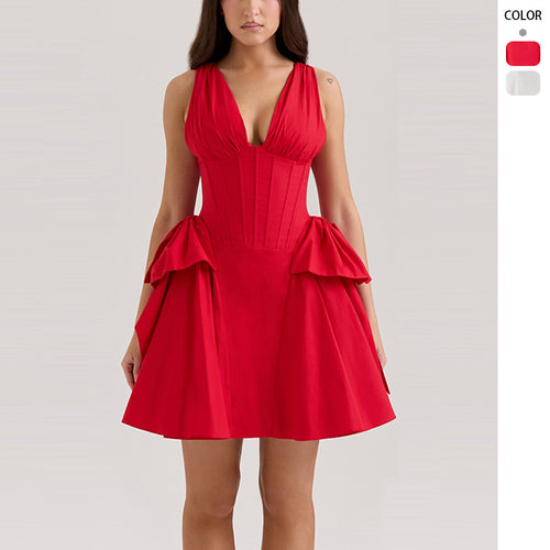 Women's evening dress with deep V-neck and voluminous ruffle design Lune London
