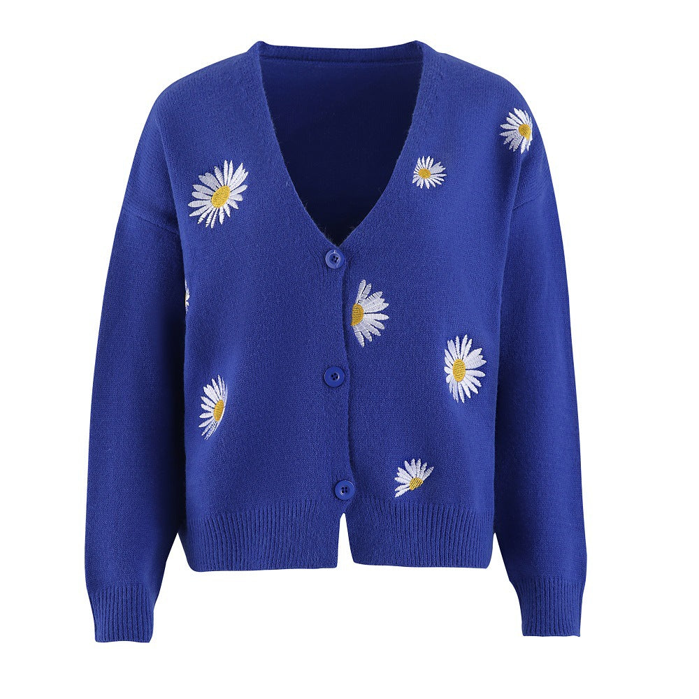 Knitted jacket for women with floral embroidery and V-neck Lune London
