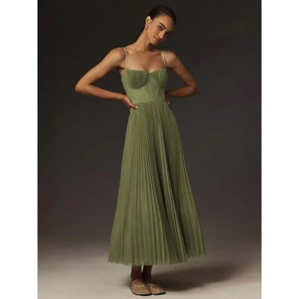 Women's Pleated Maxi Dress with Bustier Top and Flared Skirt Lune London
