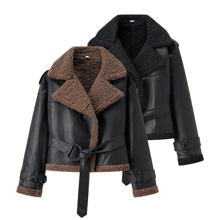 Fashion faux leather jacket for women with cozy lining and tie belt Lune London