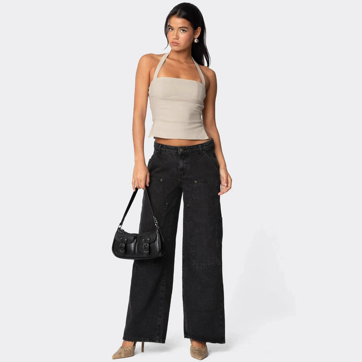 Women's Wide Cut Utility Jeans with Practical Pockets and High Waist