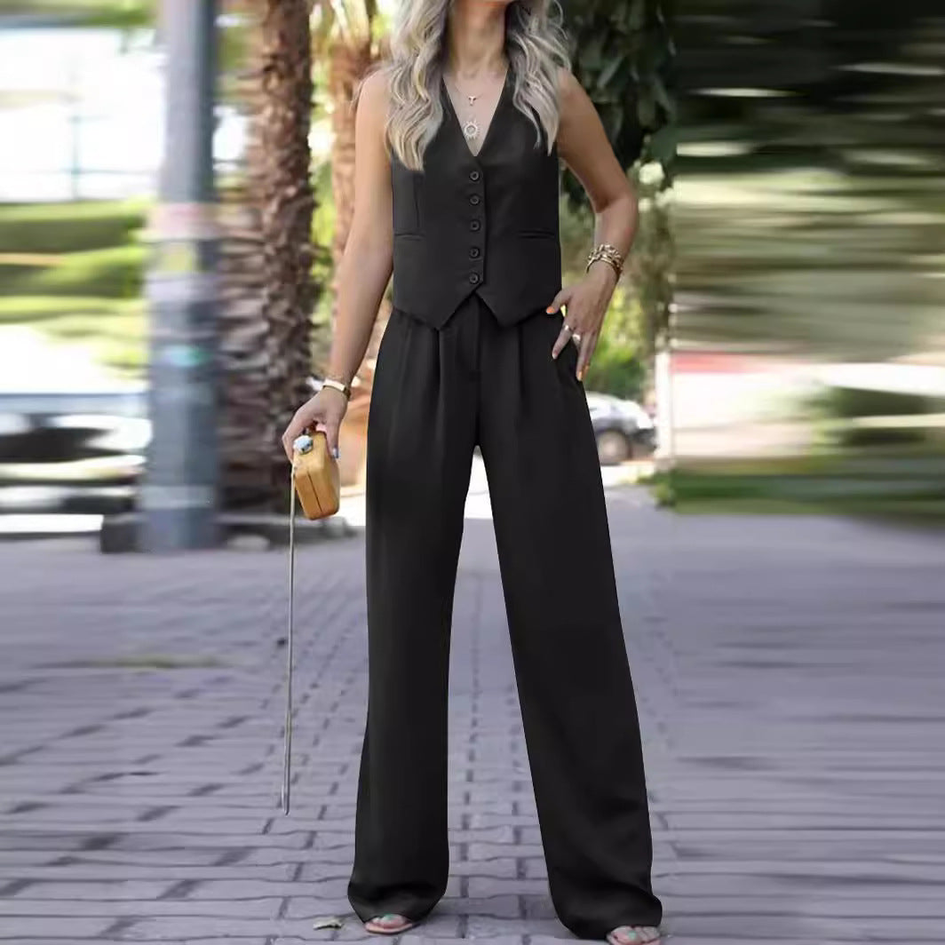 Lune London | Sleeveless V-neck Vest with Wide Leg Pants Ensemble