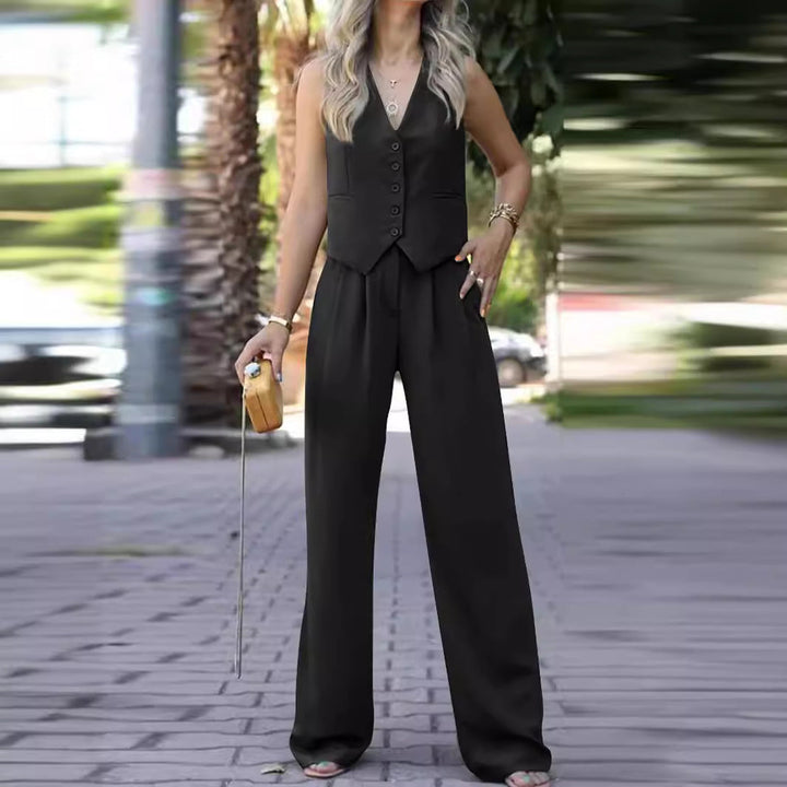 Lune London | Sleeveless V-neck Vest with Wide Leg Pants Ensemble