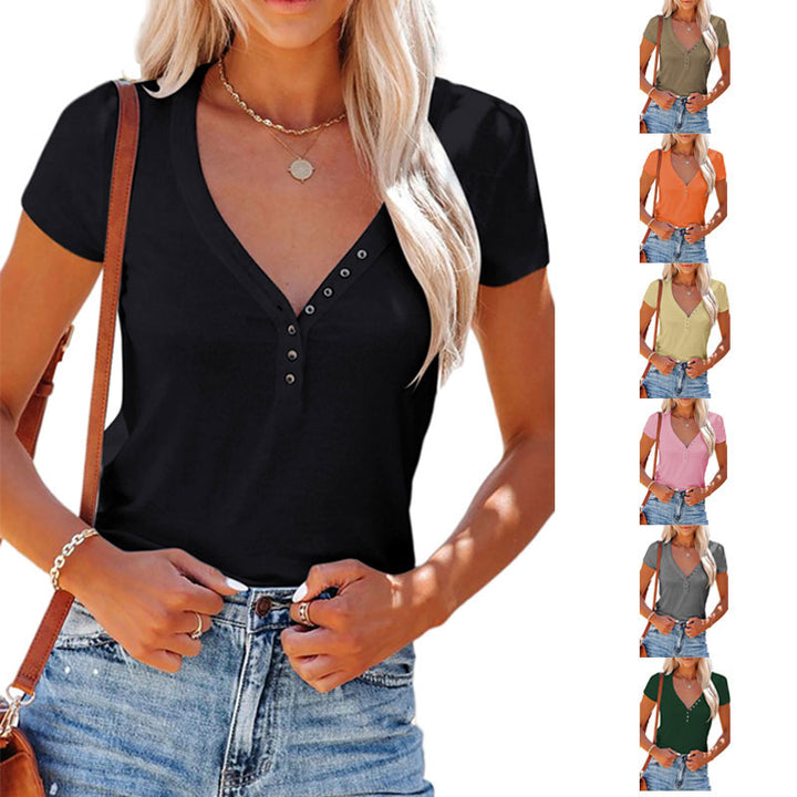 Short sleeve women's t-shirt with V-neck and decorative buttons Lune London