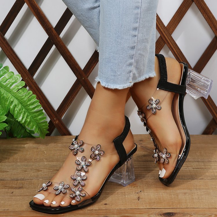 Elegant ladies sandals with floral appliqués and transparent heel Lune London